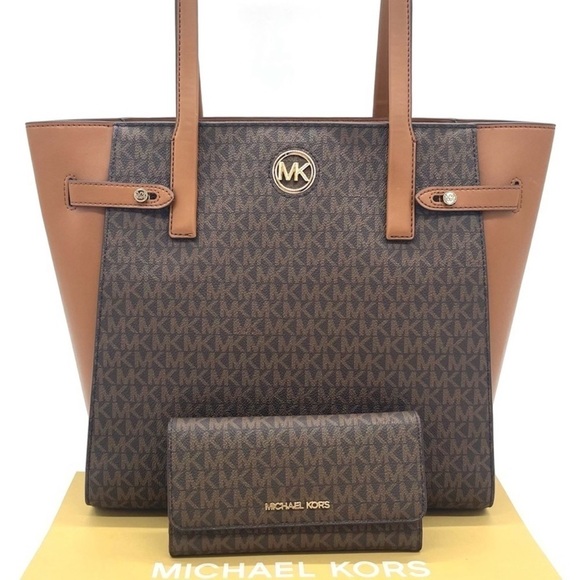 Michael Kors Carmen Large Tote Bag& Trifold Wallet Brown - Picture 2 of 13